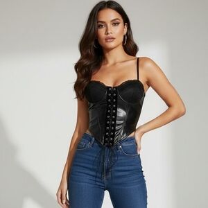 NWT ASOS Lace Cup Faux Leather Corset Crop Top Black Velvet Tie The Matrix US 6